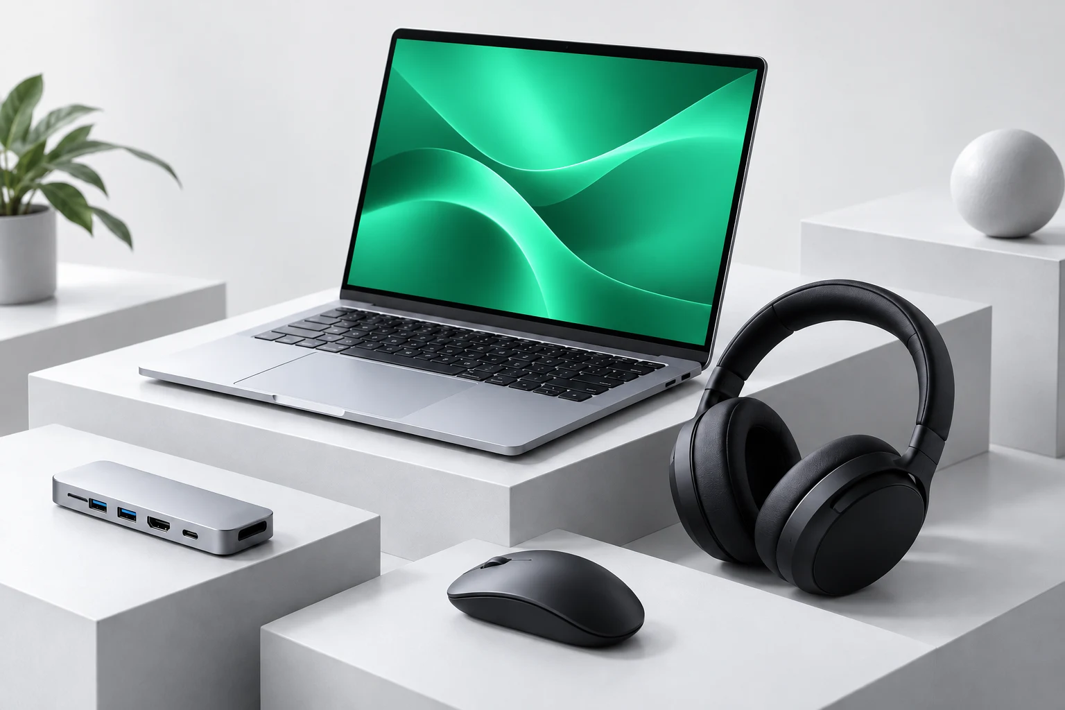 Composición de una laptop, audífonos y accesorios de tecnología